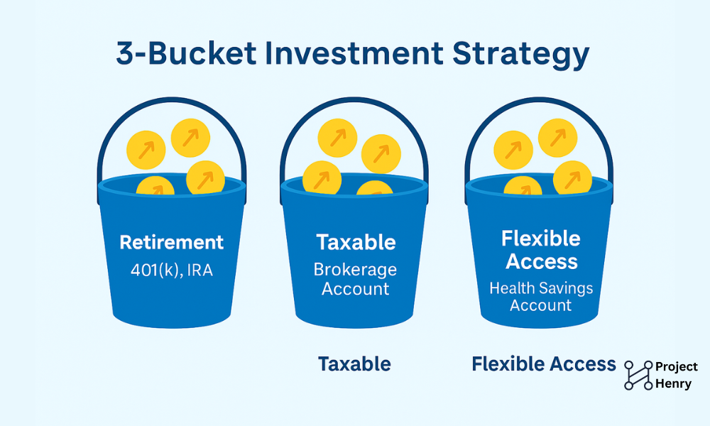 A graphic displaying the 3-bucket investment model: Retirement, Taxable, and Flexible Access accounts—each designed for different financial goals and timelines
