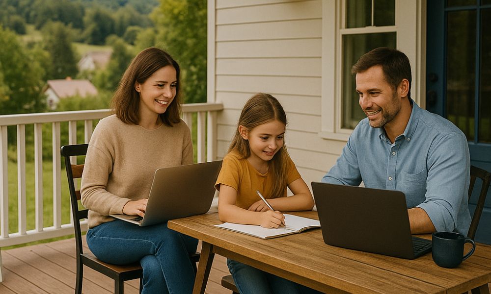 A family working from a home office or on a porch in a scenic, affordable town — something that evokes peace, space, and flexibility