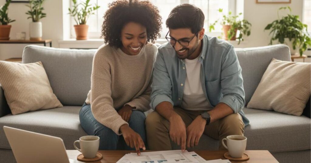 Young people reviewing financial advice in their living room