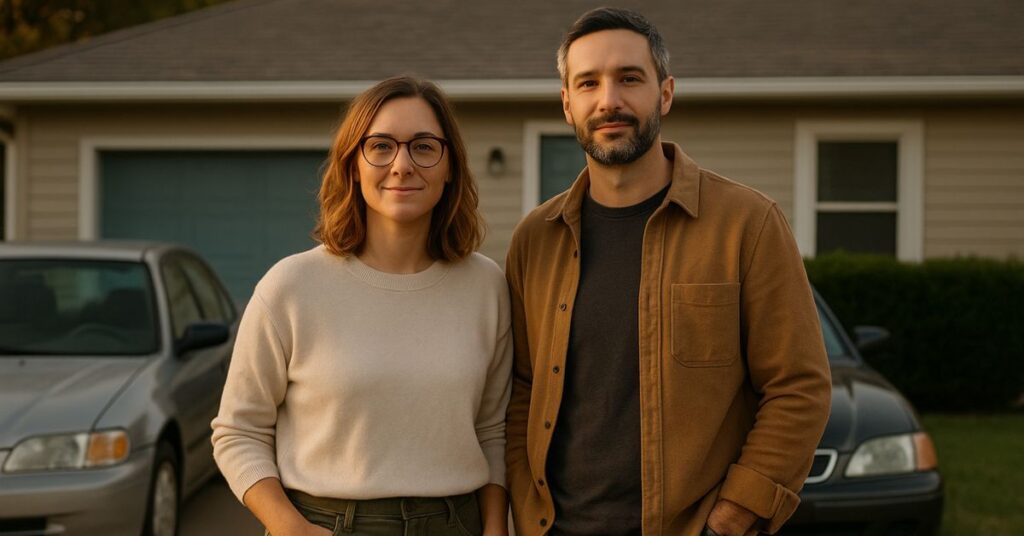 A confident young couple (late 30s, casually dressed) standing outside a modest home with older cars in the driveway—subtle visual cues of wealth (Apple Watch, quiet luxury clothing, minimalistic style) without overt flash. Neighborhood looks middle-class, not high-end.