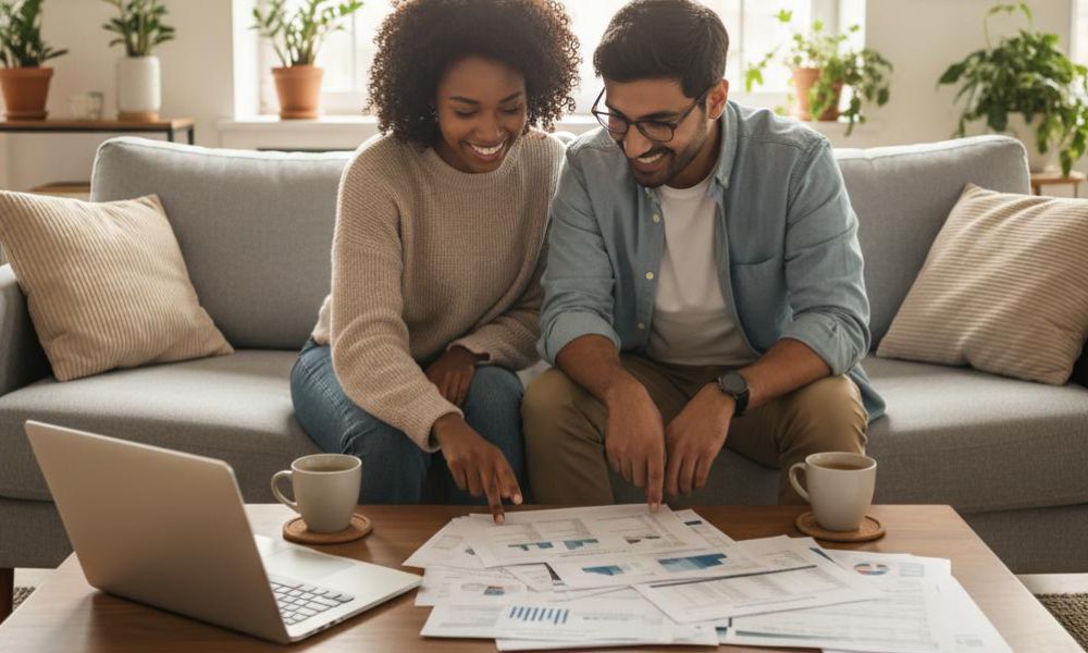Young couple reviewing their financials in a cozy living room