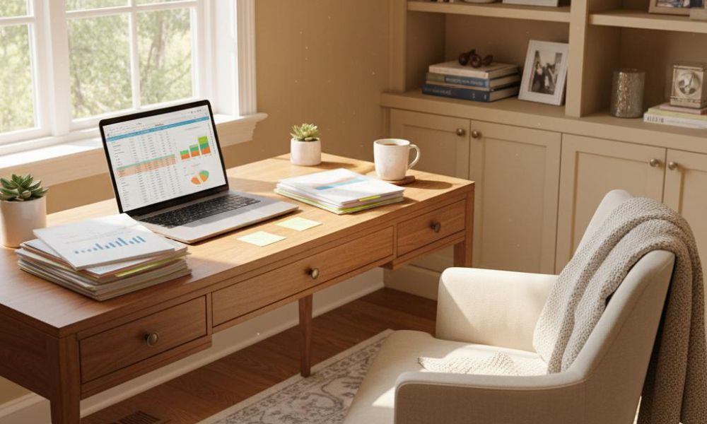 Cozy inviting home office with financial planning materials