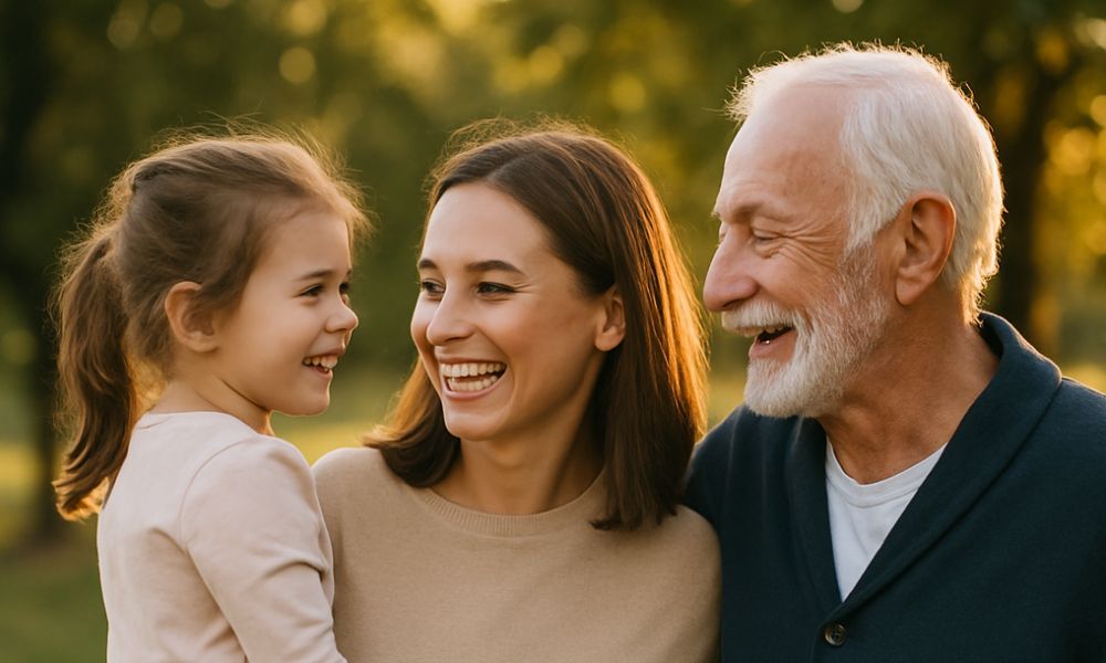 A natural photo showing a multigenerational family — a parent with a child on one side and an elderly parent on the other — captured in a warm, real-life moment