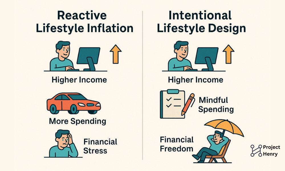 Side-by-side illustration comparing reactive lifestyle inflation—depicted by constant upgrading and spending—with intentional lifestyle design focused on financial freedom and values-based choices.