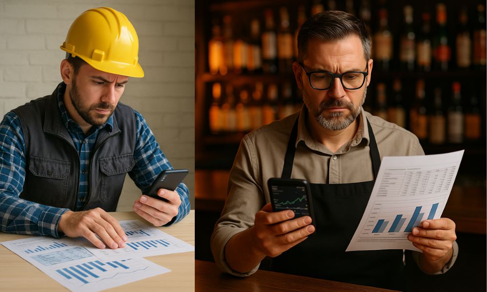 Construction worker and bartender reviewing financial data, illustrating high earners in unconventional jobs managing wealth and investments.