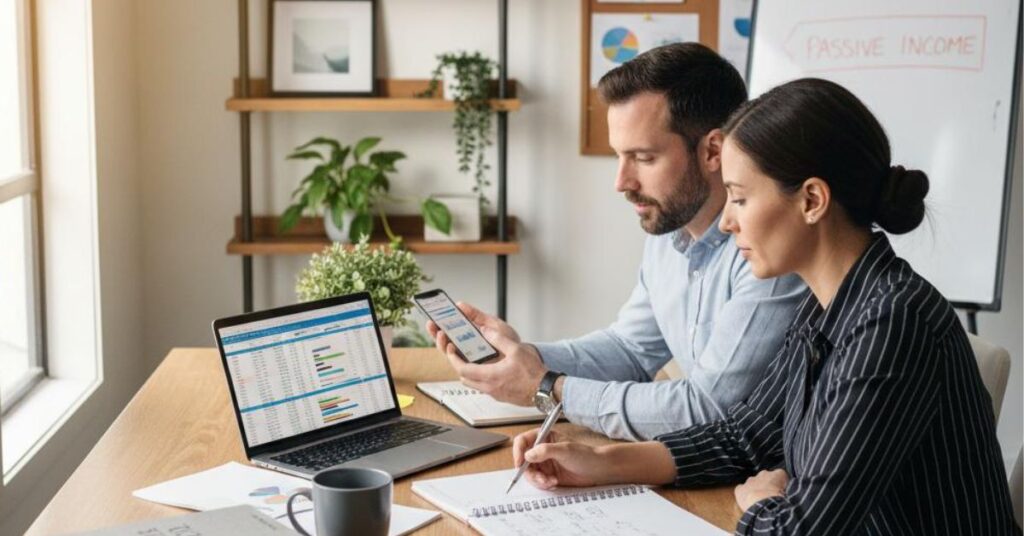Photo-realistic image of a professional couple working together in a modern home office, using a laptop and smartphone surrounded by notebooks and financial charts, representing side hustling and income diversification for high earners.