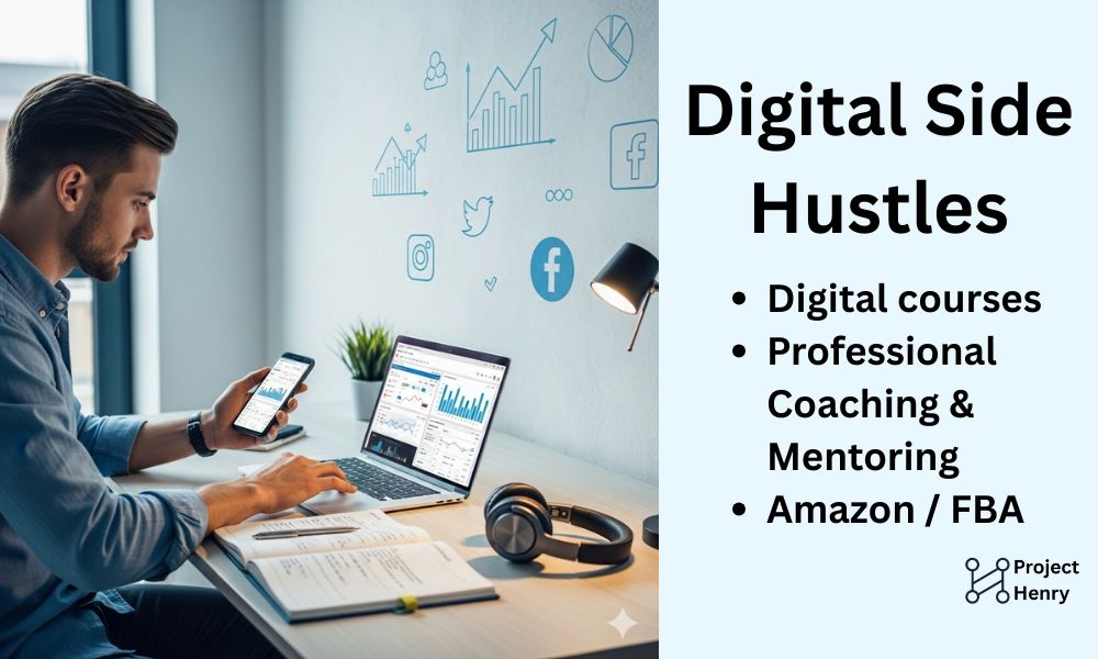 Photo of a young professional multitasking with a laptop and smartphone in a modern home office, conveying digital entrepreneurship and flexible work, symbolizing digital business opportunities for HENRYs.