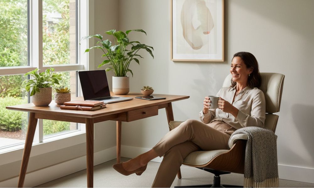 Professional enjoying healthy work-life boundaries with closed laptop and coffee in modern home office