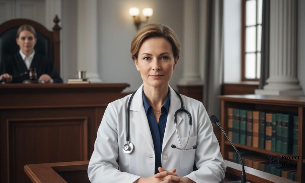 Photo of a confident doctor wearing a white coat and stethoscope sitting in a courtroom witness stand, symbolizing a high-value professional side hustle such as expert testimony.